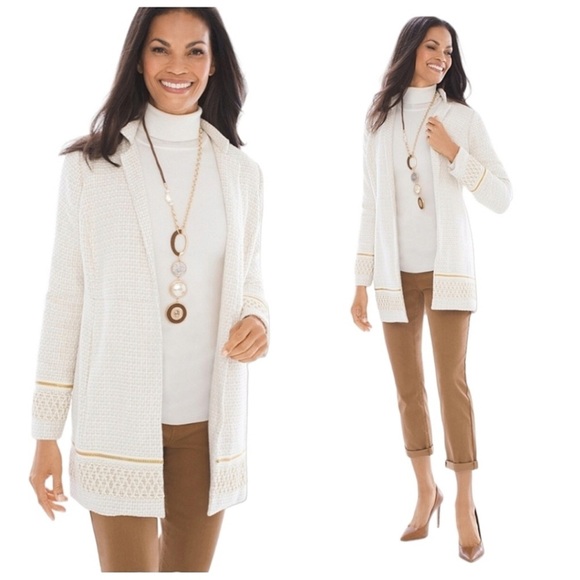 Chico's Jackets & Blazers - Chico’s Textured Embellished Trim Cream and Gold Open Front jacket size large